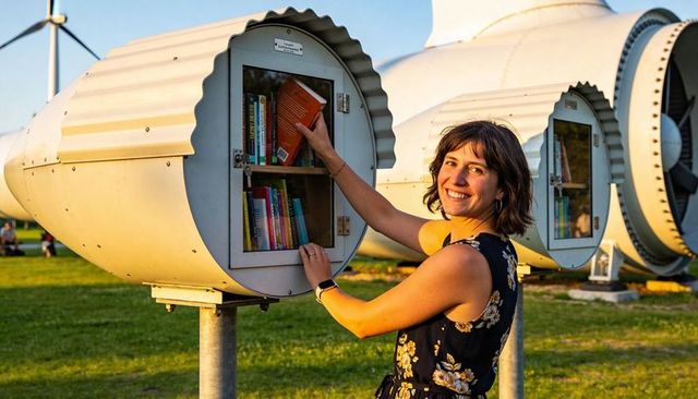 Woman reaching for book at outdoor community library pod near wind turbines golden hour