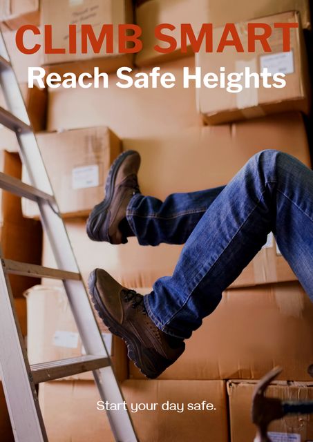 Poster emphasizing workplace safety with a focus on safe ladder usage to prevent falls. This image can be used by companies for safety training sessions, workplace safety campaigns, and educational materials to promote accident prevention and safe work practices in settings involving physical labor and ladder use.