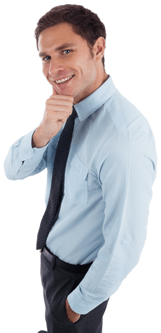 Transparent confident businessman with hand on chin