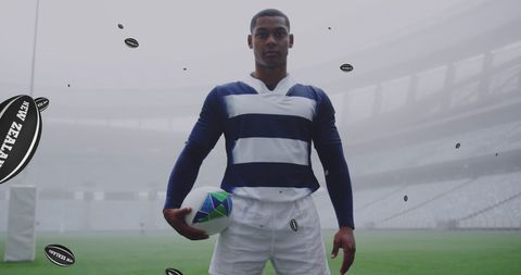 Rugby player holding ball in stadium with new zealand ball effects