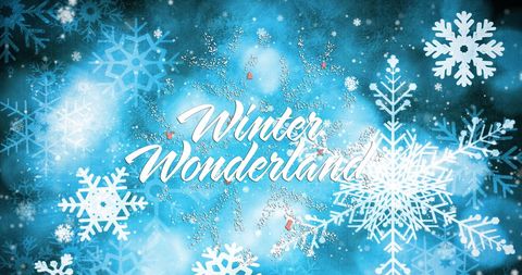 Winter Wonderland Text with Snowflakes on Blue Background