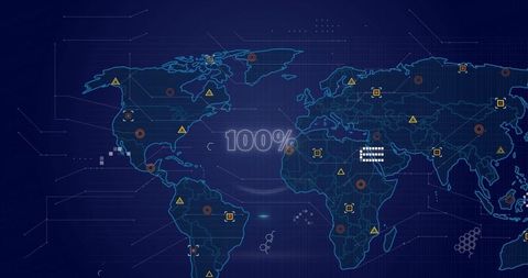 Global cybersecurity dashboard showing 100% sync on world map with scanning overlay