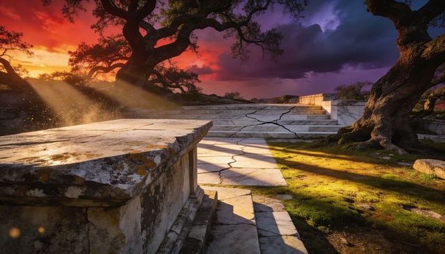 Sunlit weathered marble ruin with moss-covered steps and dramatic sunset sky