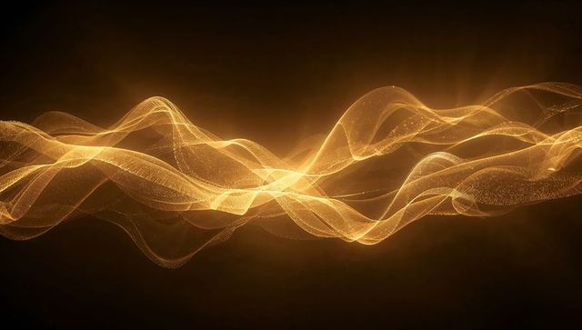 Flowing golden ribbon wave with glowing particles and digital mesh for futuristic background