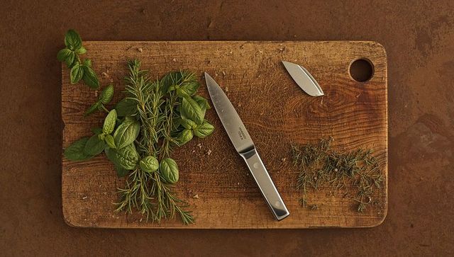 Holding rustic wooden cutting board with fresh basil rosemary, kitchen knife and peeler