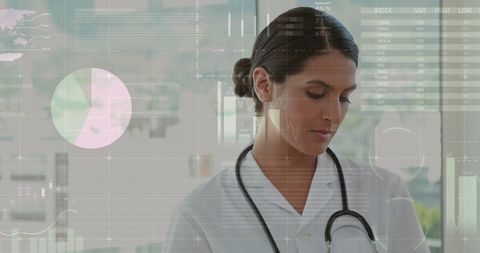 Female Doctor Analyzing Digital Data Interfaces in Modern Healthcare