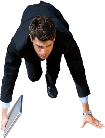 Caucasian Businessman Ready to Run with Laptop on Transparent Background