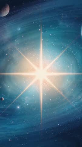 Vertical cosmic burst revealing spiral nebula, pulsing star and orbiting planets