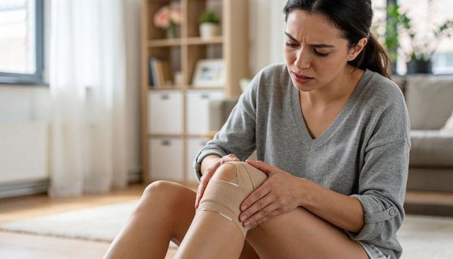 Young woman treating knee injury at home wearing elastic knee brace showing pain