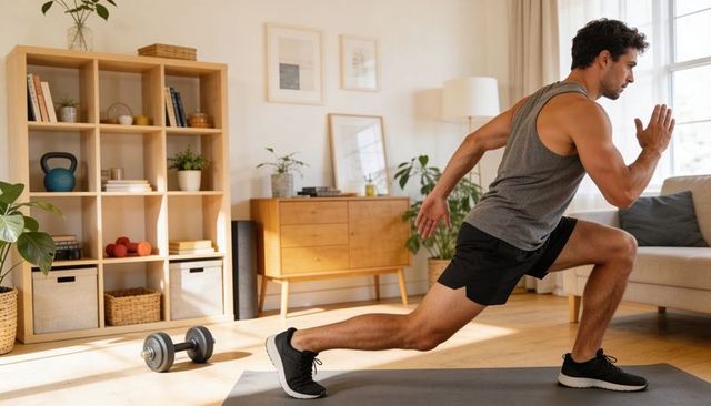 Performing forward lunge in living room home workout strength training with kettlebell