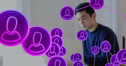 Asian man working on laptop with purple user network overlay for remote collaboration