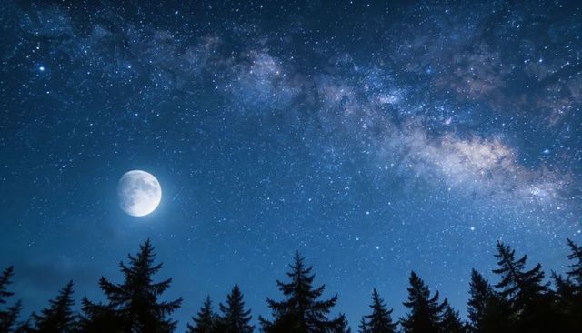 Moonlit milky way over pine forest silhouette starry night sky panorama for design