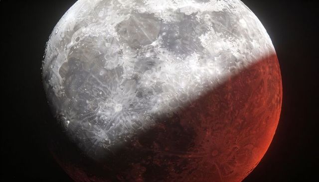 Lunar Eclipse Showing Half White Moon and Blood-Red Terminator with Detailed Crater Rays