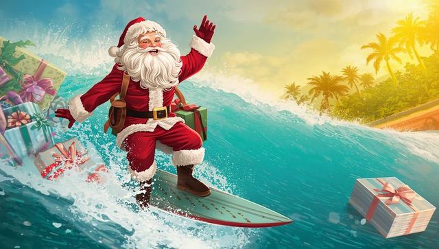 Surfing santa in tropics sunset with gift boxes