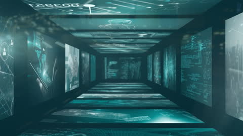 Futuristic Digital Data Tunnel with Holographic Displays