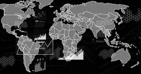 Displaying stylized world map with data overlays and charts on dark analytics dashboard