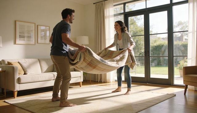 Couple stretching and shaking plaid blanket in sunlit living room by black-framed doors