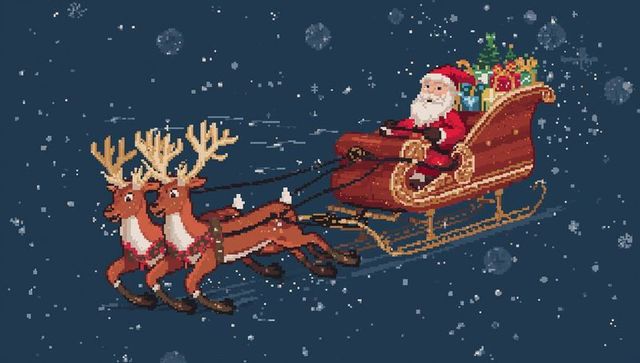Pixel art santa flying sleigh with reindeer and gifts over snowy night sky