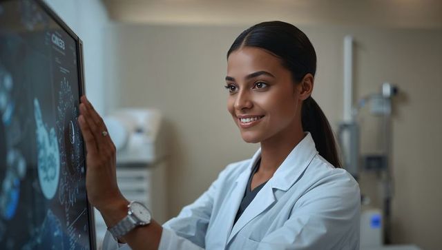Female clinician using touchscreen to review brain ct scans in modern radiology lab