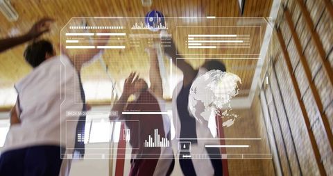 High-energy basketball jump rebound with futuristic hud analytics overlay
