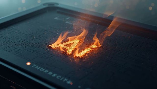 Molten ai letters burning on circuit board with indicator light, flames, embers and sparks