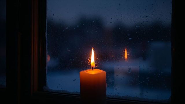 Warm Glow of Candlelight on Rainy Window with Cozy Ambiance