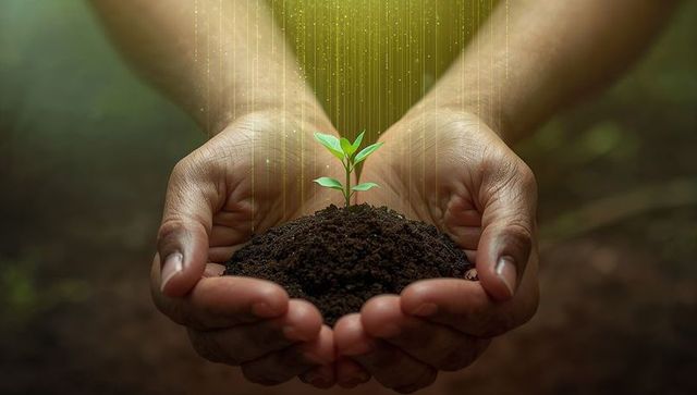 Hands cradling green seedling with rich soil and golden rays symbolizing growth and renewal