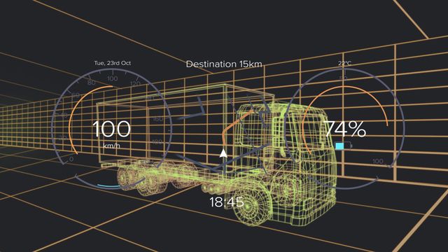 Digital illustration showing futuristic smart truck HUD interface, emphasizing advancements in transportation technology with GPS data and processing analytics. Useful for concepts in logistics innovation, smart transportation systems, and autonomous vehicular technology displays.