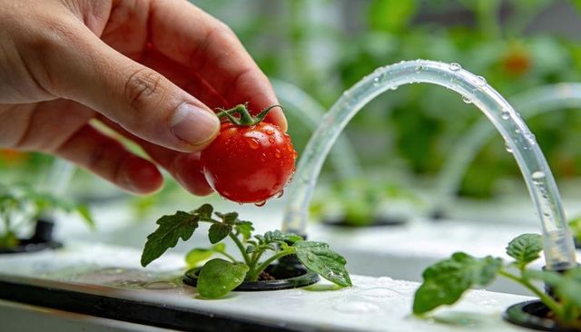 Holding ripe cherry tomato above hydroponic seedling with drip tubing in greenhouse
