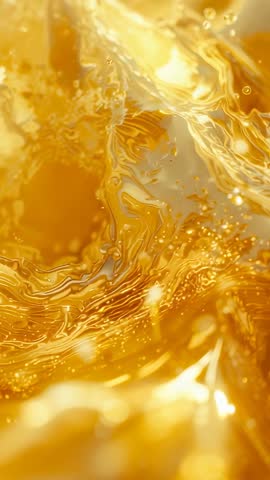 Vertical macro video flowing backlit golden syrup forming ripples and glowing microbubbles