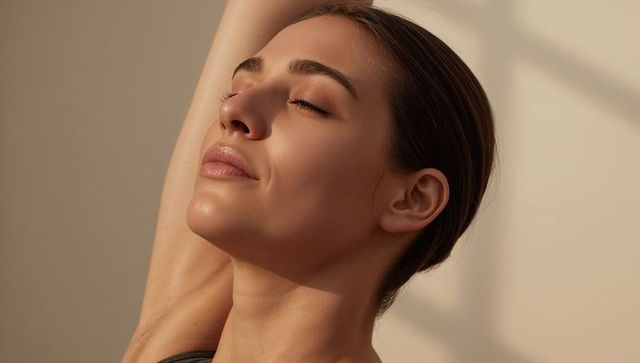 Woman relaxing with eyes closed in warm sunlight, minimal beige studio headshot for wellness