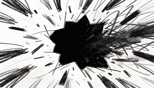 Exploding Ink Starburst with Jagged Void and Radiating Brush Strokes on Textured Paper