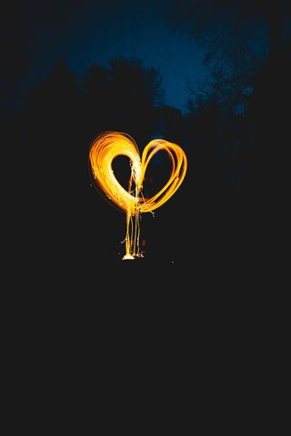 Single glowing heart shape in dark forest night
