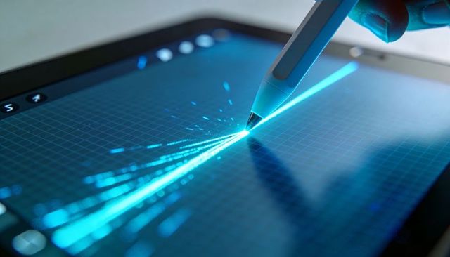 Drawing neon-blue light trail with active stylus on tablet grid for futuristic tech design