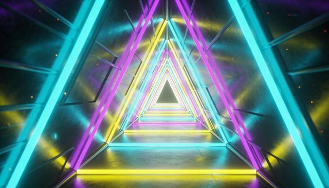Glowing Neon Triangular Tunnel Leading to Dark Aperture in Futuristic Cyan Magenta Yellow