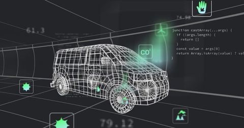 Wireframe van 3d model with code and sustainability symbols
