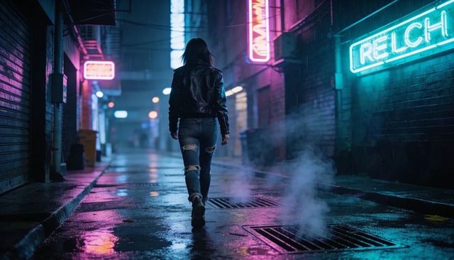 Woman walking neon alley at night urban cyberpunk leather jacket ripped jeans