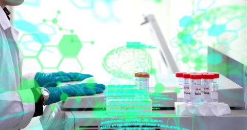 Scientist Analyzing Data with Laboratory Equipment and Digital Overlay