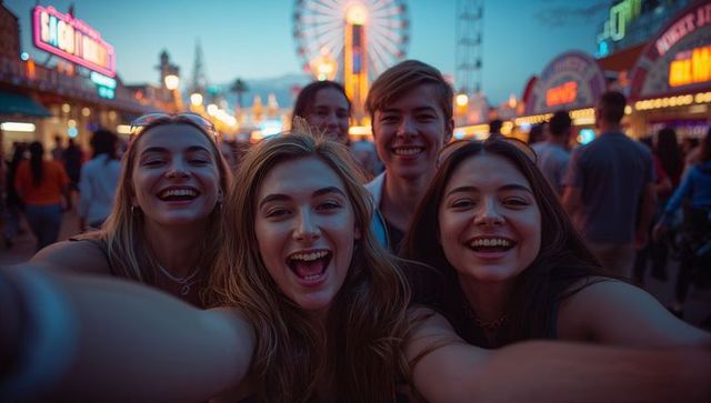 Friends taking selfie at vibrant carnival during dusk