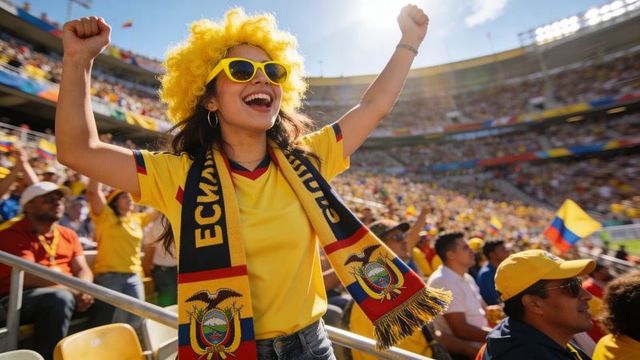 Cheering ecuadorian soccer fan raising arms in yellow wig, scarf and jersey at packed stadium