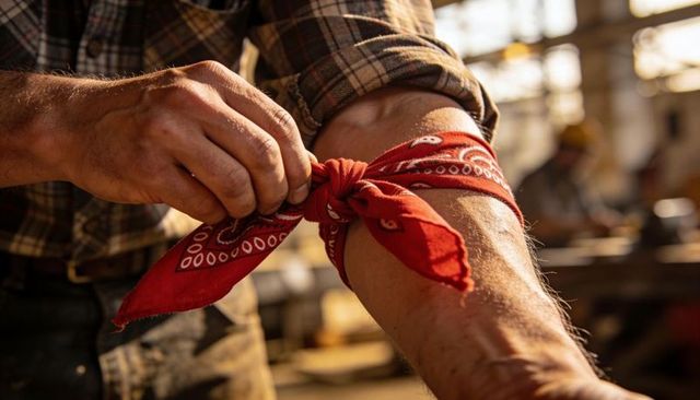 Tying red bandana around forearm of workman with rolled plaid sleeve in rustic workshop