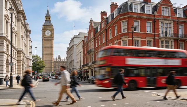 Blurred commuters crossing near elizabeth tower with red double-decker in london city