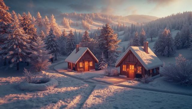 Cozy Winter Cabins Illuminated in Snowy Forest