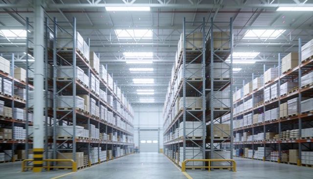 Bright modern warehouse aisle with high pallet racking and stacked boxes for logistics