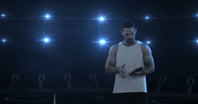 Athletic man using tablet in modern illuminated arena - Download Free Stock Images Pikwizard.com