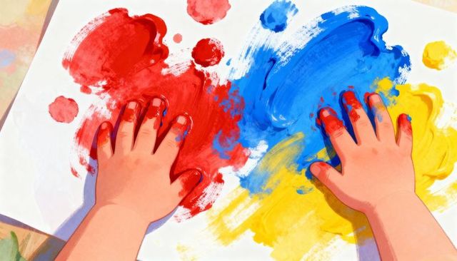 Toddler Hands Pressing Red Blue Yellow Finger Paints on Paper Topdown Flatlay