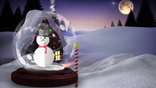 Christmas-themed animation featuring a snow globe with a snowman holding a lantern. A scenic winter evening with a crescent moon and snow-covered pine trees in the background, perfect for holiday greeting cards, festive animations, and winter celebration visuals.