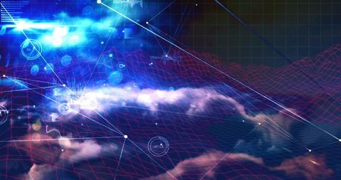 Futuristic network visualization with neon wireframe and cloud integration