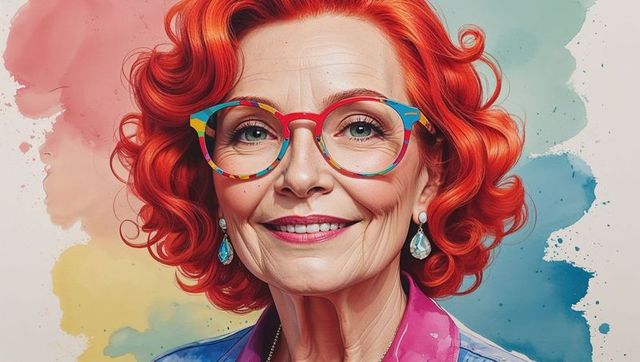 Smiling senior woman in colorful glasses against watercolor background