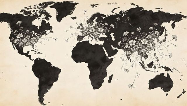 Vintage world map with hand-drawn floral clusters and ink patina illustration